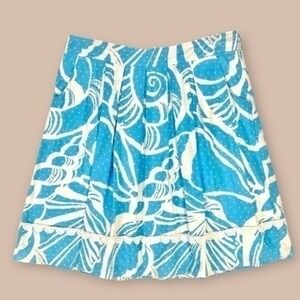 Lilly Pulitzer Seashell Polka Dot Pleated Skirt Women Sz 8 Blue White Lace Trim